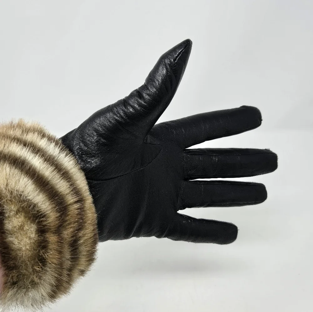 VINTAGE BLACK LEATHER GLOVES SET OF 2 GATES FLEECE LINED FAUX FUR TRIM WOMEN OS